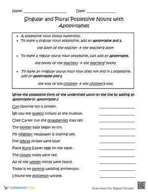 Singular and Plural Possessive Nouns with Apostrophes Worksheets