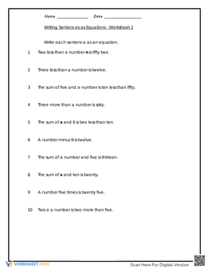 Writing Sentences as Equations - Worksheet 1