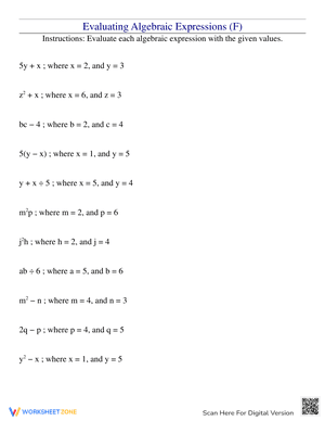 Evaluating Algebraic Expressions F