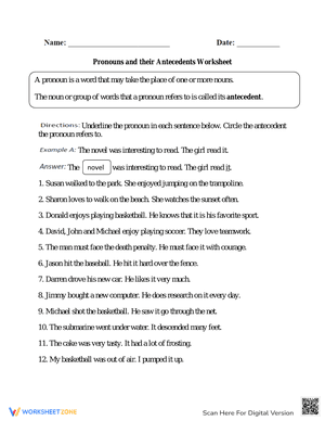 Pronouns and their Antecedents Worksheet