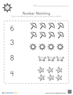 Summer Number Matching Worksheet