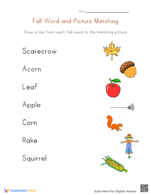 Fall Word to Picture Matching Worksheet