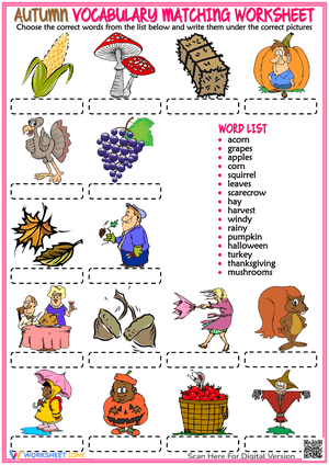 Autumn ESL Vocabulary Matching Exercise Worksheet