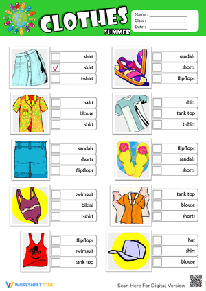 Summer Clothes ESL Multiple Choice Worksheet For Kids