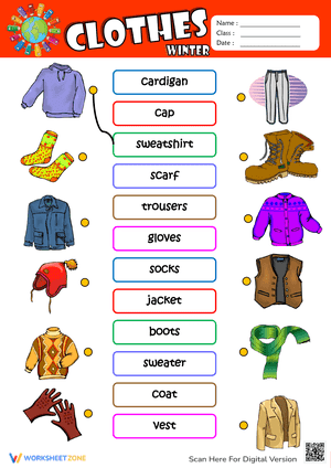 Winter Clothes ESL Matching Exercise Worksheet For Kids