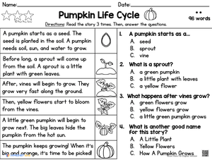 Reading Comprehension Passage Pumpkin Life Cycle 4
