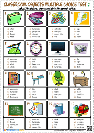 Classroom Objects ESL Printable Multiple Choice Tests for Kids 2