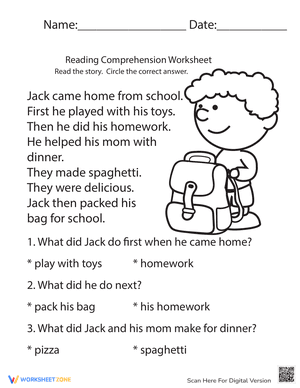 Reading Comprehension Worksheets for Back to School 6