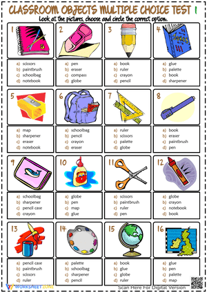Classroom Objects ESL Printable Multiple Choice Tests for Kids 1