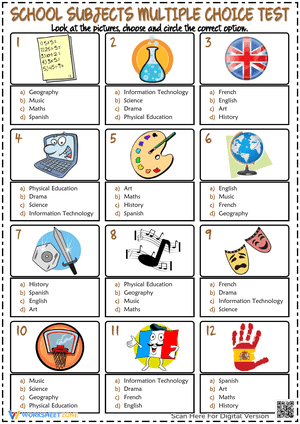 School Subjects ESL Printable Multiple Choice Test For Kids