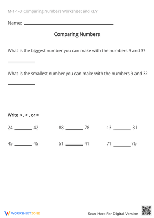 M-1-1-3_Comparing Numbers Worksheet and KEY