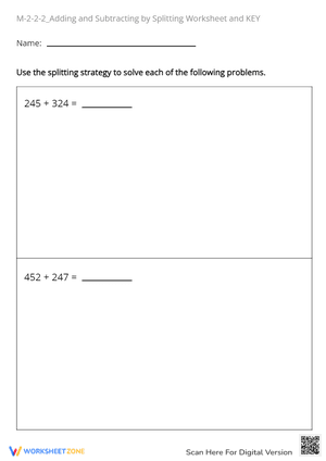 M-2-2-2_Adding and Subtracting by Splitting Worksheet and KEY