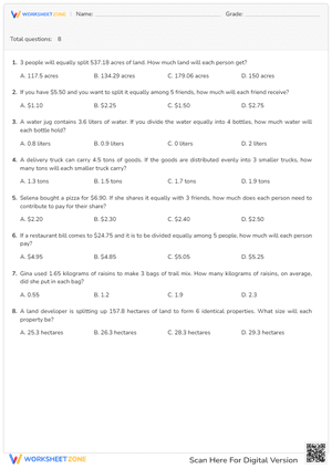 Divide decimals by whole numbers: word problems