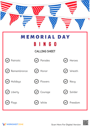 Memorial Day Bingo Game Calling Sheet