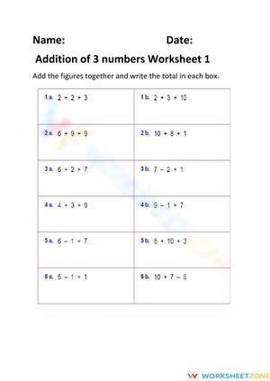 Addition of 3 Numbers Worksheet 1