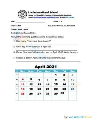 Reading Calendar Days and Dates