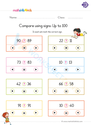 Compare numbers up to 100 using signs 