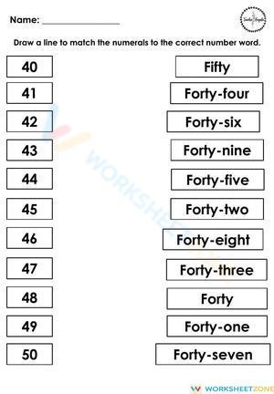 Matching number names and numerals 40-50