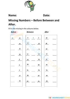 Missing Numbers - Before Between and After