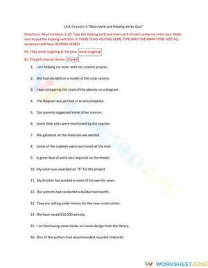 Unit 5 Lesson 3 Quiz Main and Helping Verbs