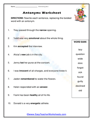 Antonyms Worksheet with Bold Sentence Words 