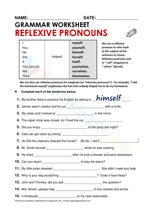 Grammar worksheet: Reflexive pronouns