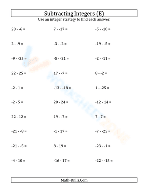 Integers subtraction without parentheses -25 to 25 (5)