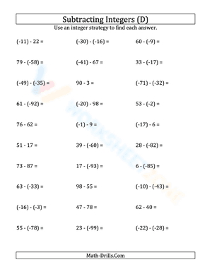 Negative integers subtraction (parentheses) -99 to 99 (4)