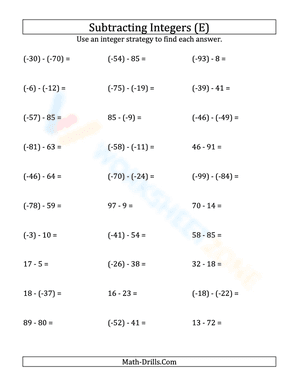 Negative integers subtraction (parentheses) -99 to 99 (5)