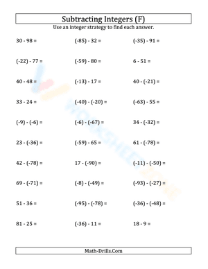 Negative integers subtraction (parentheses) -99 to 99 (6)