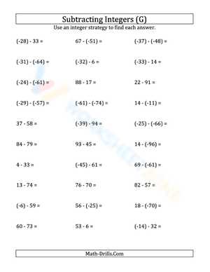 Negative integers subtraction (parentheses) -99 to 99 (7)