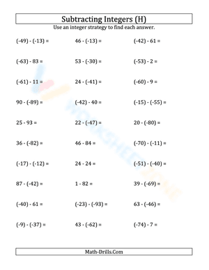 Negative integers subtraction (parentheses) -99 to 99 (8)