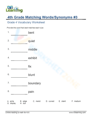4th Grade Matching Words/Synonyms 3