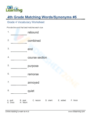 4th Grade Matching Words/Synonyms 5