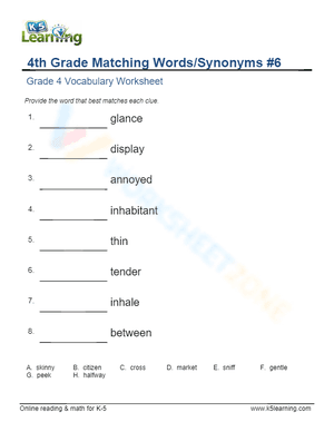 4th Grade Matching Words/Synonyms 6