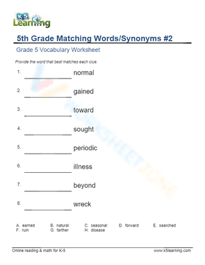 5th Grade Matching Words/Synonyms 2