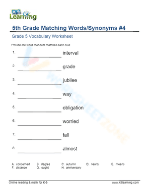 5th Grade Matching Words/Synonyms 4