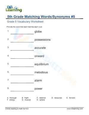 5th Grade Matching Words/Synonyms 5