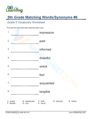 5th Grade Matching Words/Synonyms 6