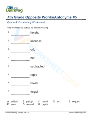 4th Grade Opposite Words/Antonyms 5