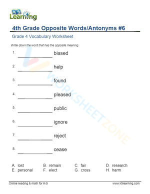 4th Grade Opposite Words/Antonyms 6