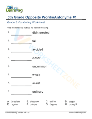 5th Grade Opposite Words/Antonyms 1