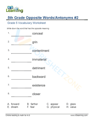 5th Grade Opposite Words/Antonyms 2