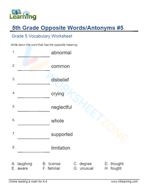 5th Grade Opposite Words/Antonyms 5