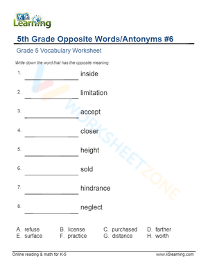 5th Grade Opposite Words/Antonyms 6