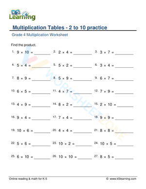 Multiplication Tables - 2 to 10 practice 6