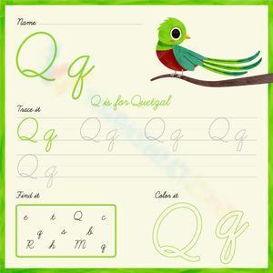 Trace, find, and color the cursive letter Q