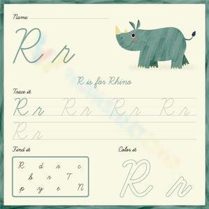 Trace, find, and color the cursive letter R