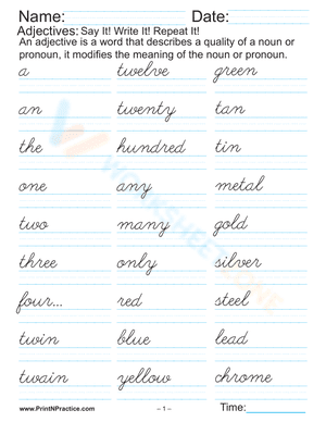 Short common adjective words practice sheet.