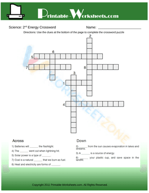 2th Grade Science Energy Crossword